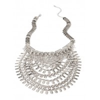 Silver Cascade Boho Layered Rhinestone Statement Necklace